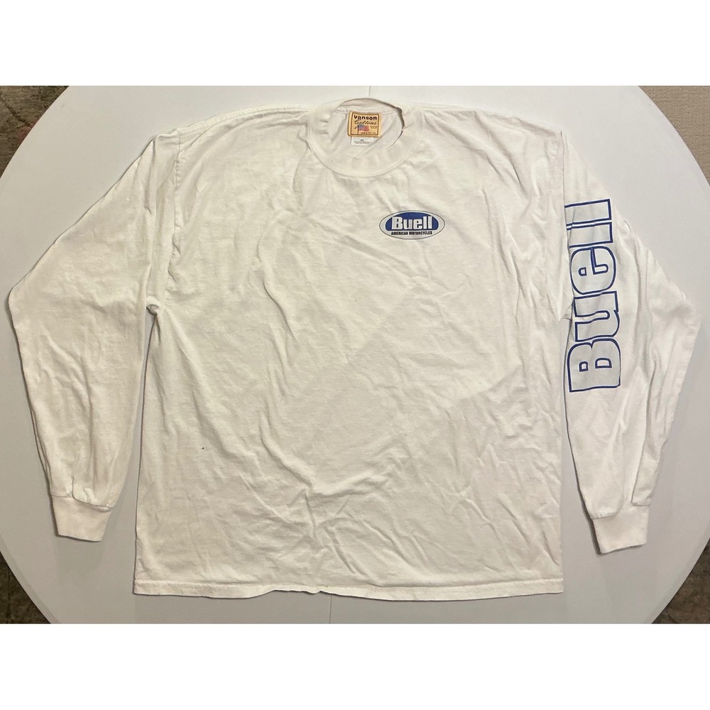 VTG USA Made Vanson Buell American Motorcycles Long Sleeve T-Shirt White XXL